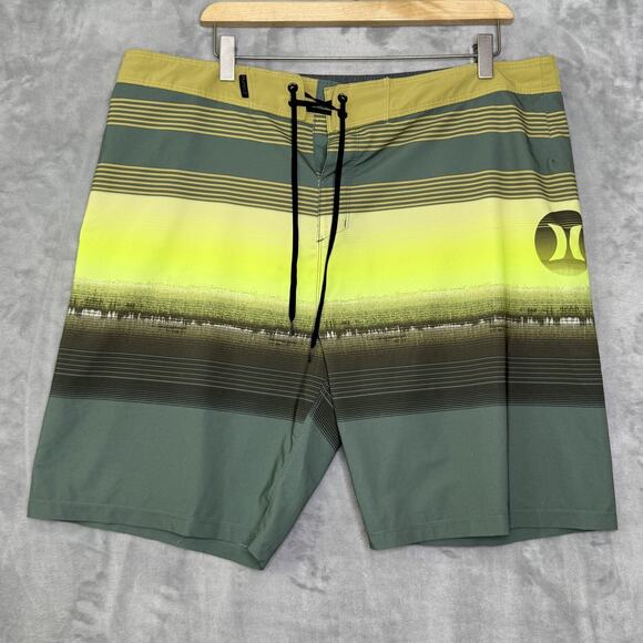 Hurley Phantom Board Shorts Mens 36 Green Yellow Stripe Swim Trunks Surf Pocket - Picture 1 of 10